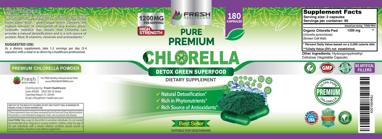 FRESH HEALTHCARE Premium Chlorella Supplement – 1200mg Vegan Capsules