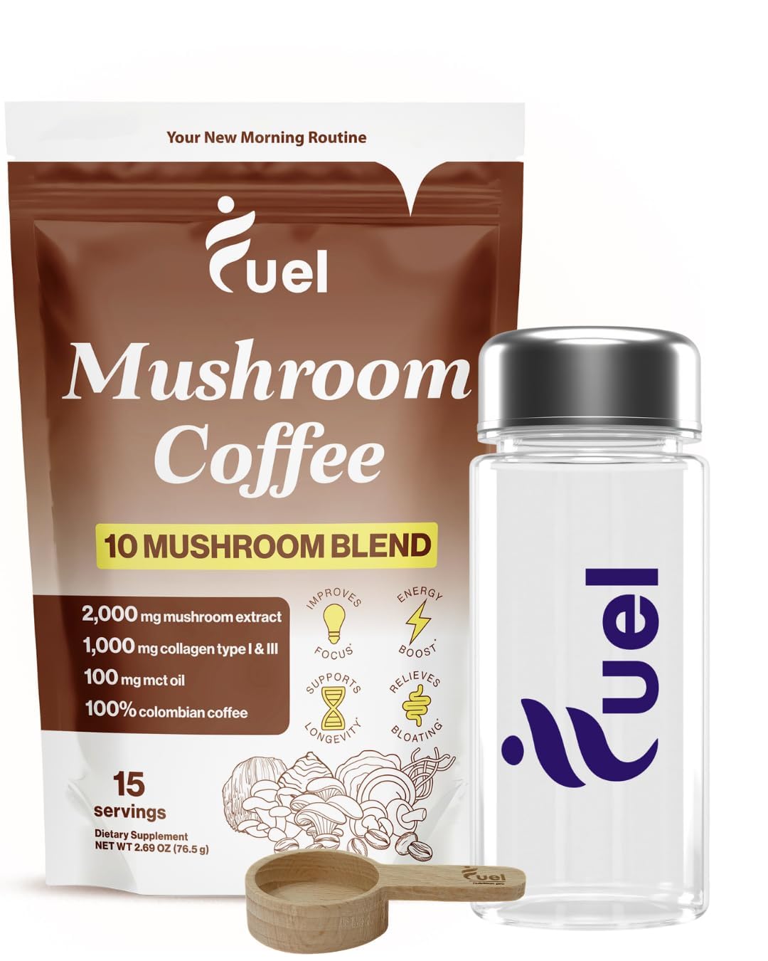 Fuel Brain Boost Mushroom Coffee – Organic Lion's Mane & Chaga – Low-Caffeine Nootropic (15 Servings)