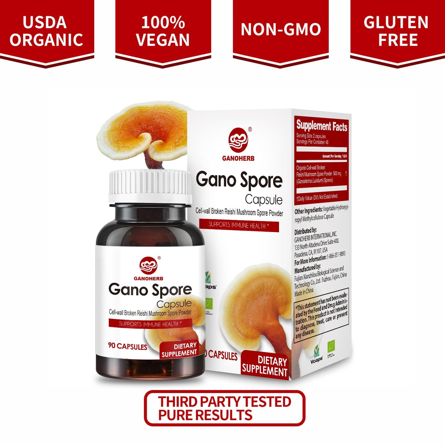 GANOHERB Organic Reishi Capsules – Immune Support, Vegan & Gluten Free