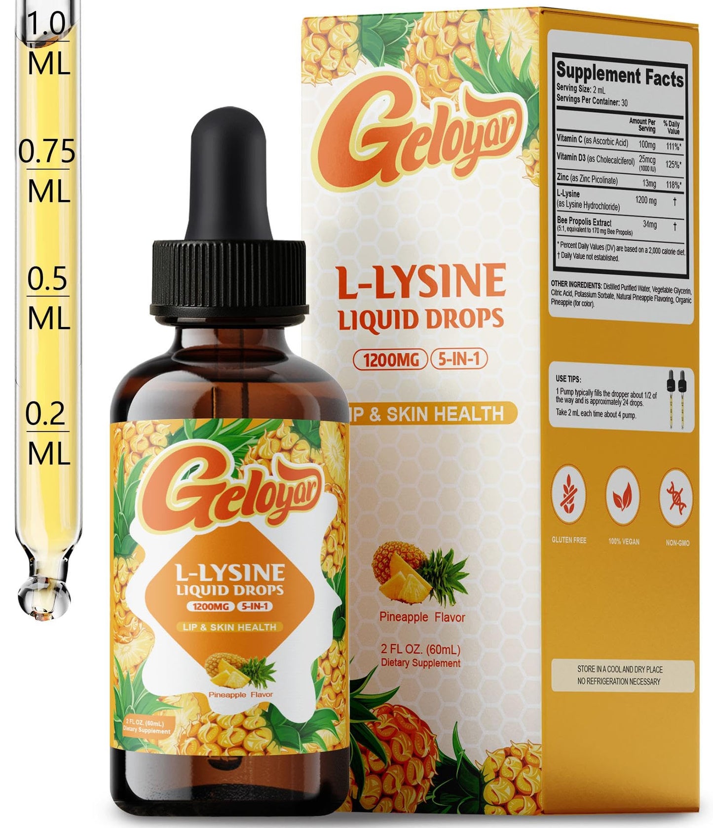 Geloyar L-Lysine Liquid Drops – 1200mg Lysine for Cold Sore, Lip Health & Immune Support | Vegan, 2 fl oz