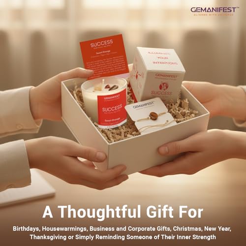 Gemanifest Success Manifestation Crystal Candle with Tiger's Eye Bracelet – Orange Scented Soy Wax for Career, Exams & Interviews