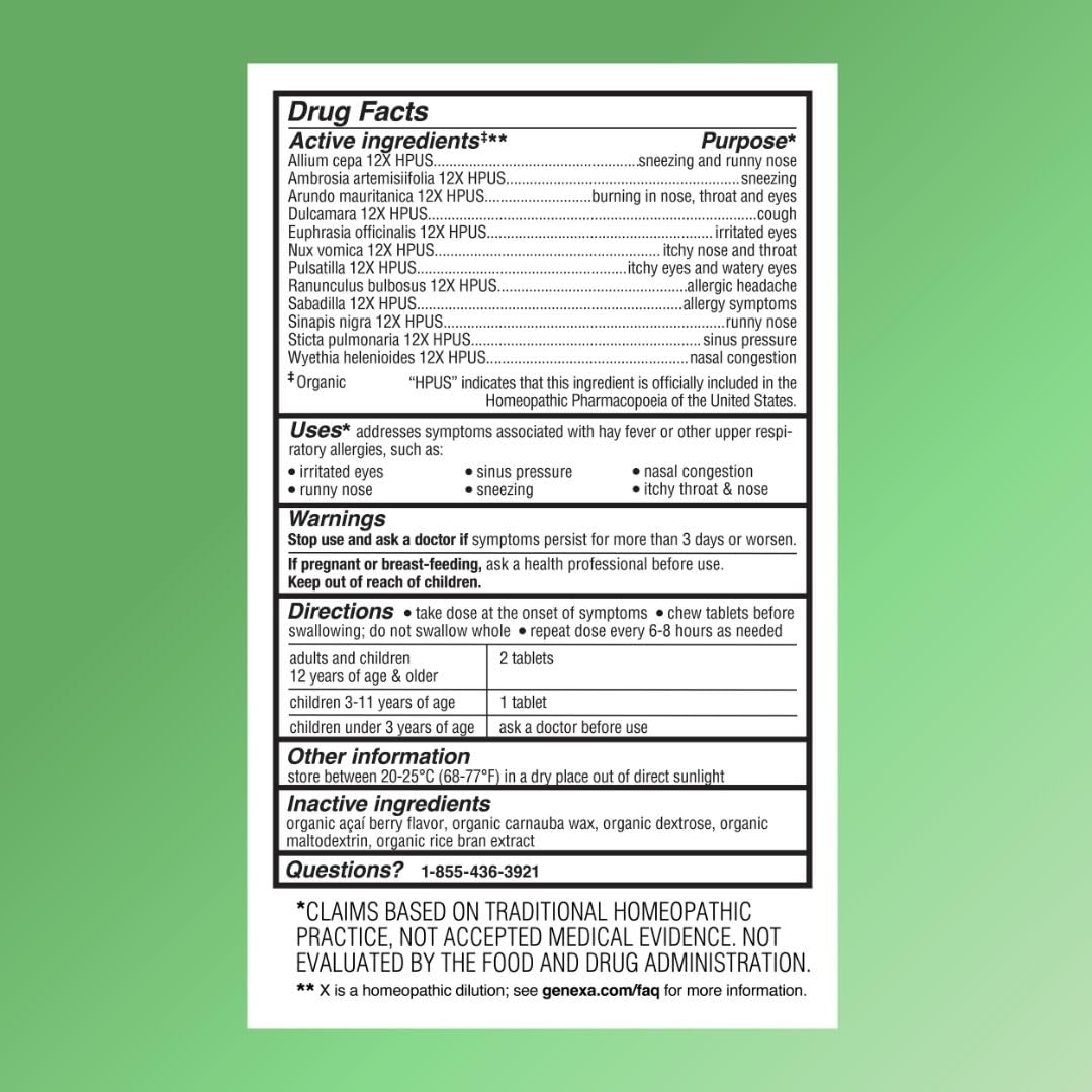 Genexa Allergy Care - Drug-Free, Non-Drowsy Allergy Relief for Adults | Vegan & Non-GMO | Acai Berry Flavor | 60 Chewables