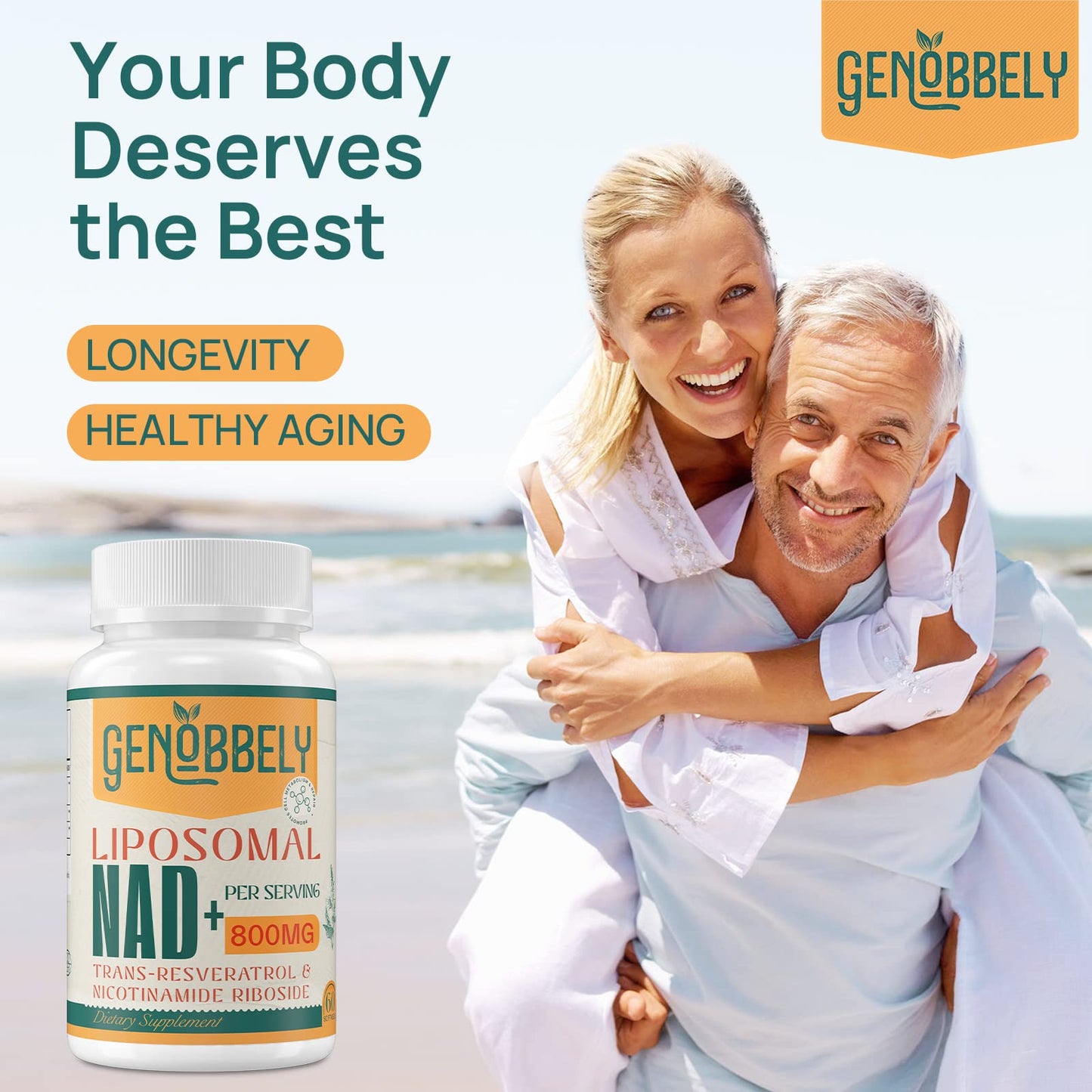 GENOBBELY 800 mg Liposomal NAD+ Supplement - NR 200 mg & Trans-Resveratrol 100 mg - 60-Day Supply