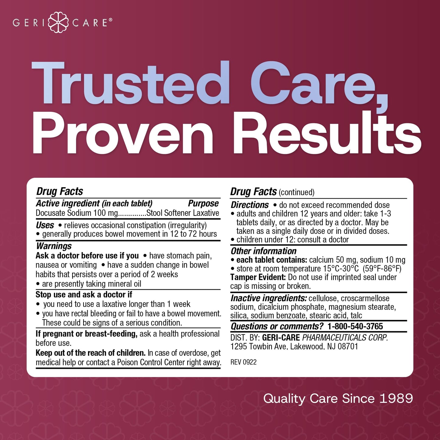 GeriCare Docusate Sodium Stool Softeners 100mg – Dye Free, USA Made, Compared to Colace Regular Strength