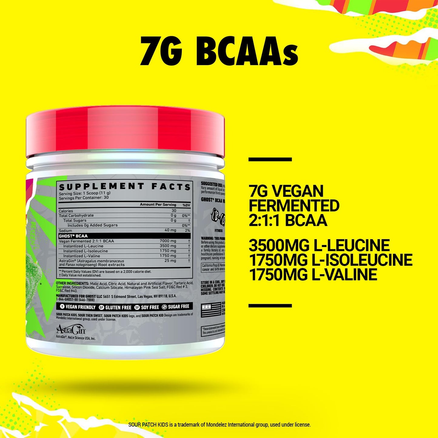 GHOST BCAA Powder Sour Patch Kids Watermelon – 30 Servings, Sugar-Free, 7G BCAAs
