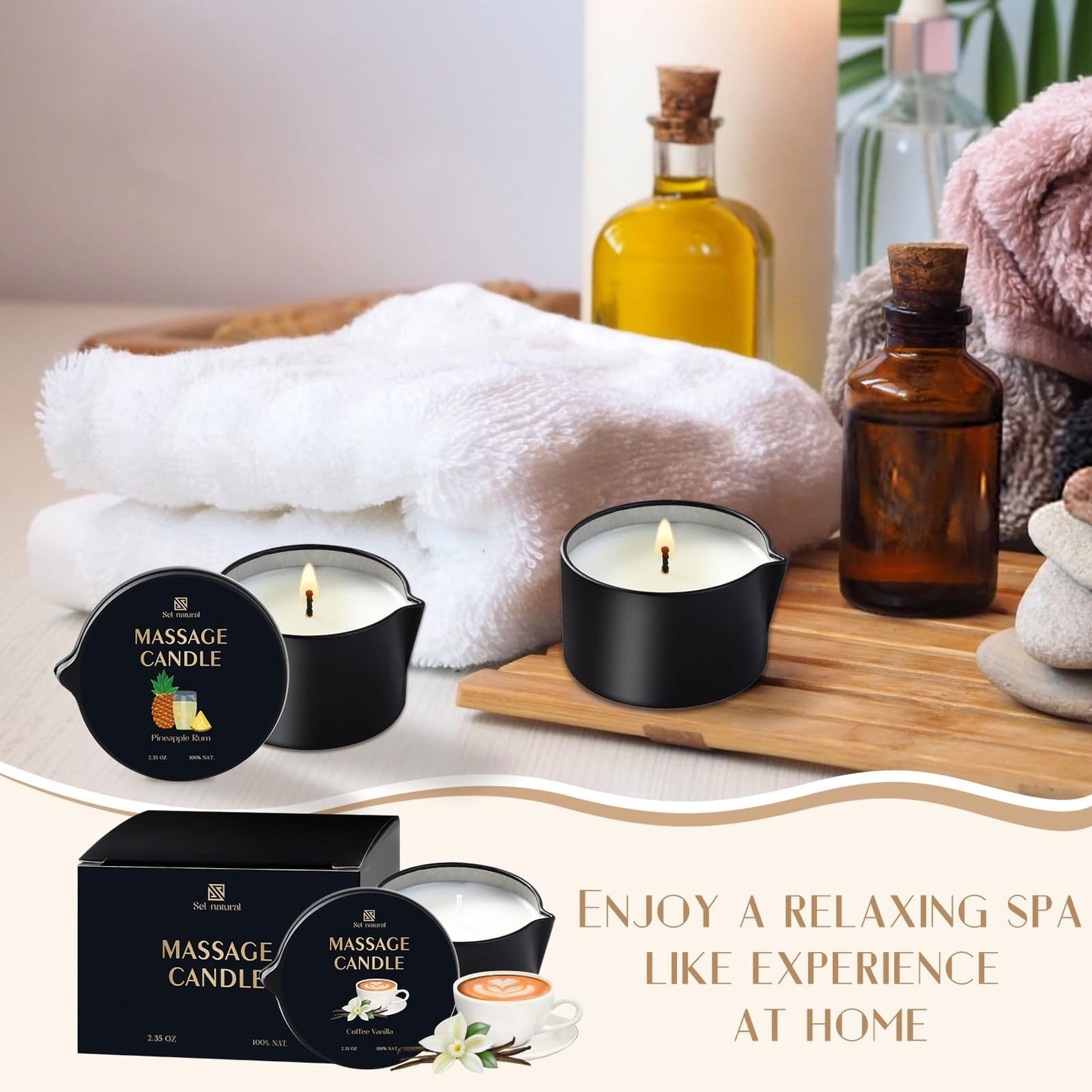 3 Pack Massage Oil Candles 2.35oz – Low Temp Wax (Cream Cherry, Coffee Vanilla, Pineapple Rum)