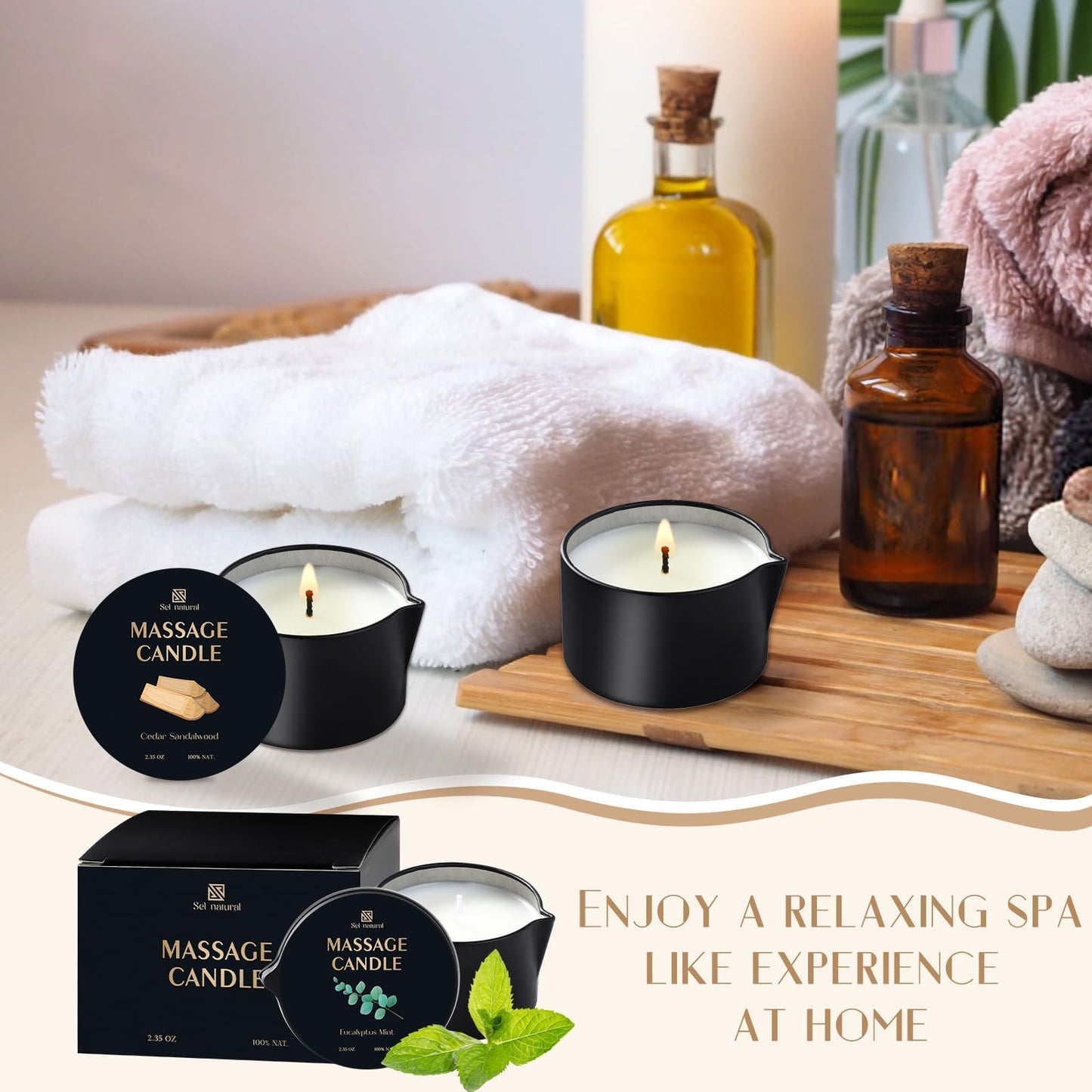 3 Pack Massage Oil Candles 2.35oz – Eucalyptus Mint, Cedar Sandalwood, Caramel Whisky