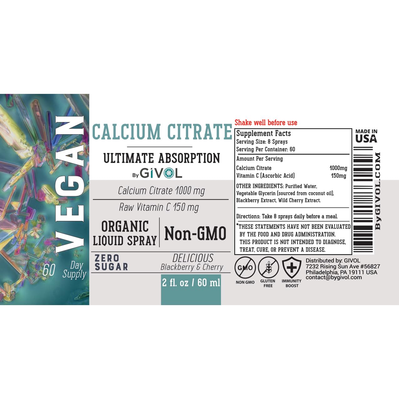 GIVOL Liquid Calcium Citrate 1000mg + Vitamin C 150mg Spray – Wild Cherry & Blackberry (2oz/60ml)