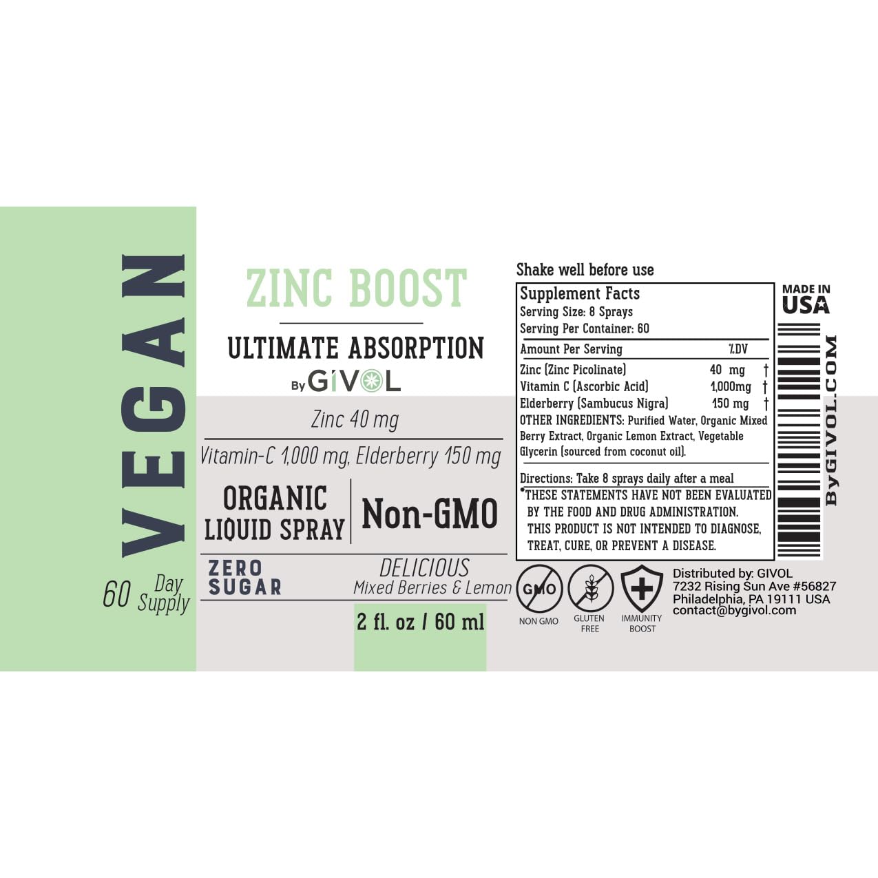 GIVOL Organic ZINC Boost Mist 40 mg – Sugar Free, Vitamin C & Elderberry – Vegan Liquid Spray (60 ml)