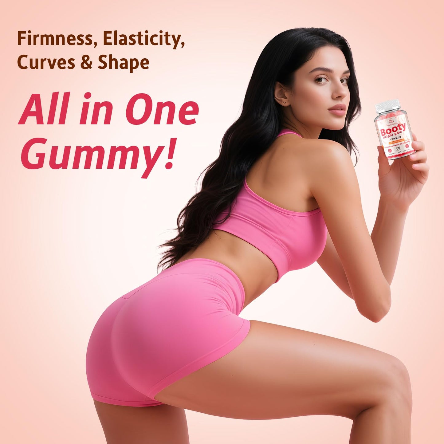 Glorithiventa Booty Gummies for Women | CurvaBoost BBL Herb Blend, Creatine Monohydrate, Zero Sugar, Peach Flavor – 60 Counts