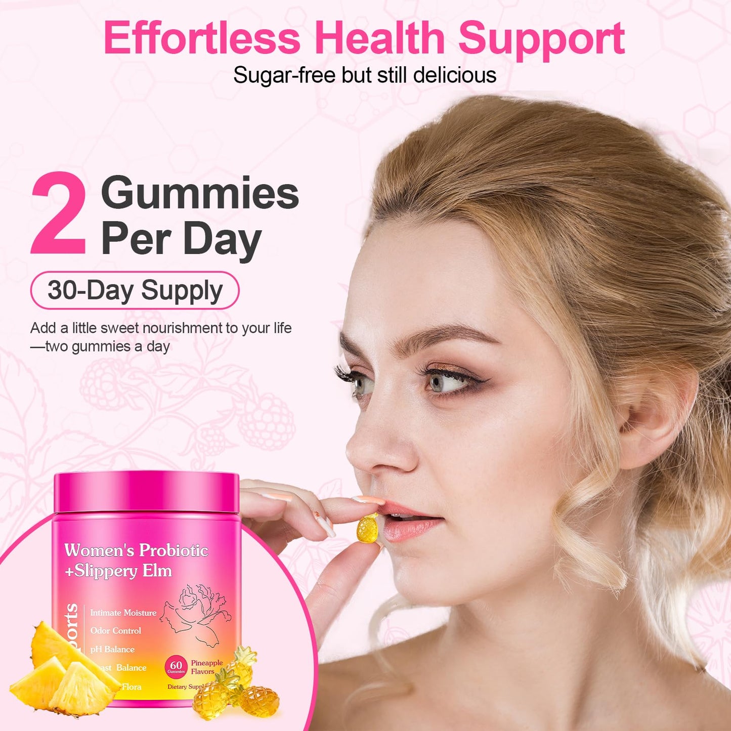 Glowshave Her Juicy Feminine Probiotics Gummies for Women, Pineapple with Slippery Elm - 60 Gummies