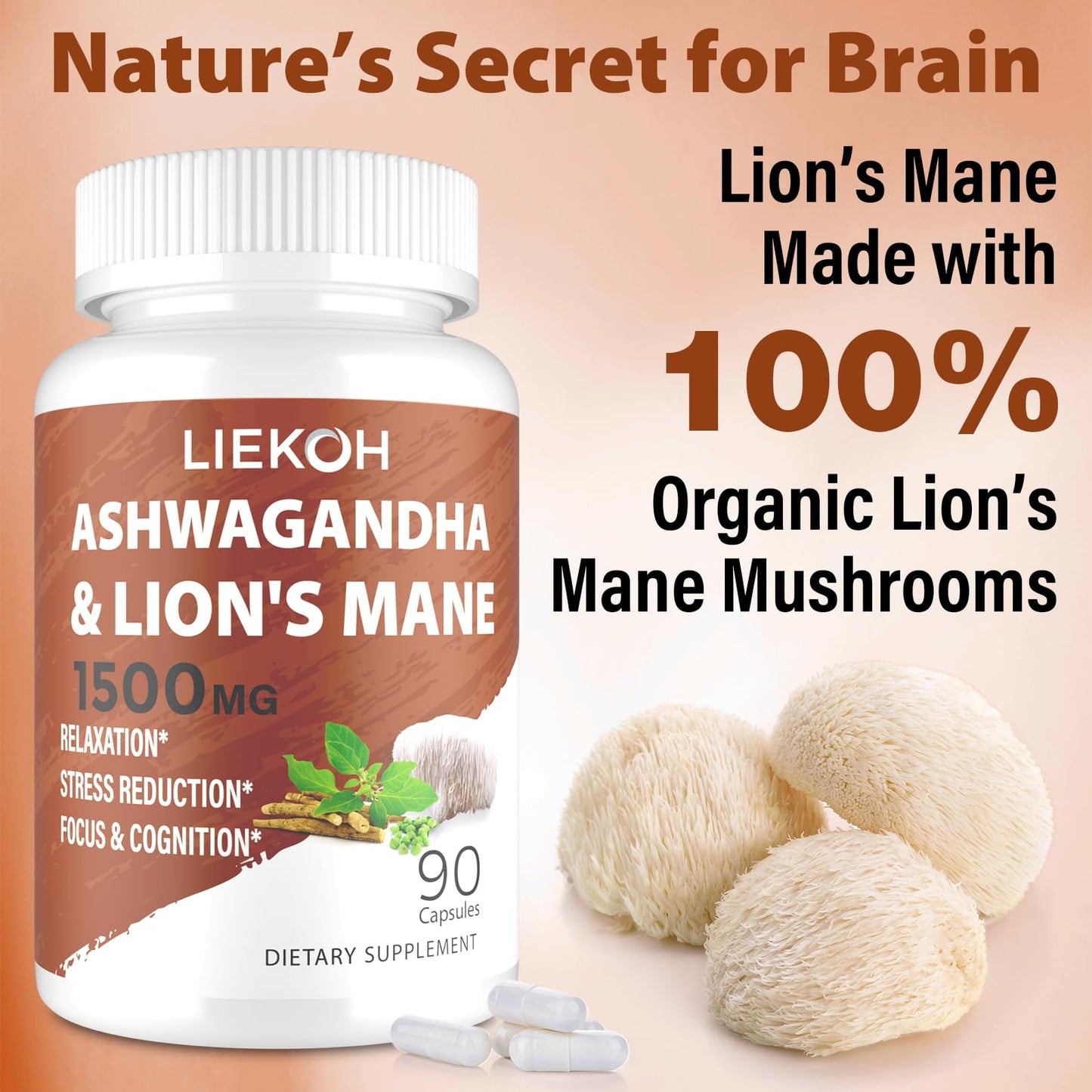 Ashwagandha & Lions Mane Capsules for Memory, Focus – 90 Caps