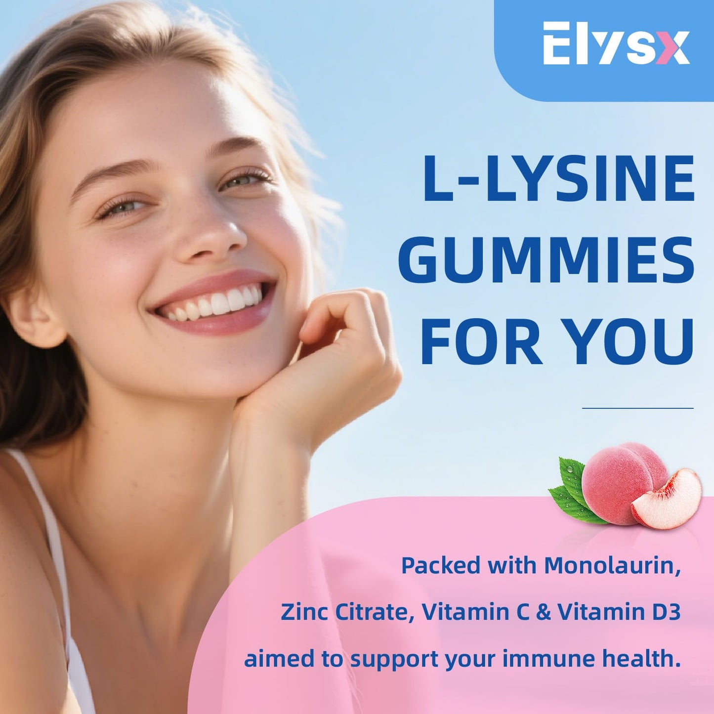 L-Lysine Gummies 1000mg with Monolaurin – Sugar-Free Peach Immune Support (60 Count)