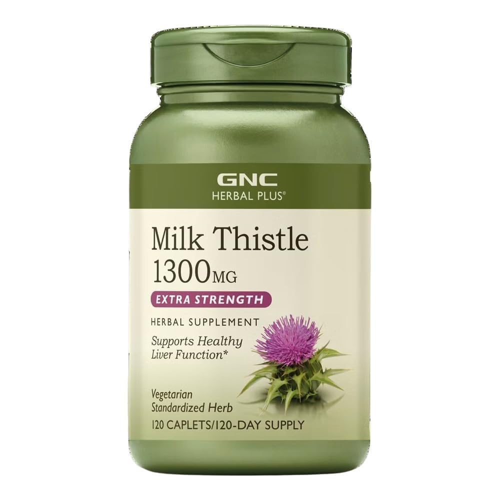 GNC Herbal Plus Milk Thistle 1300mg Supplement — Extra Strength Vegetarian Liver Support, 120 Servings