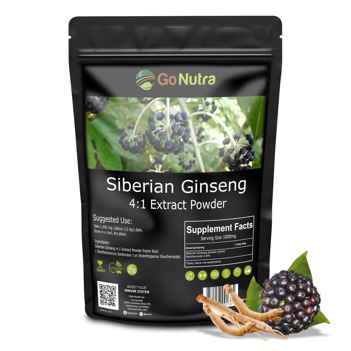 Go Nutra Siberian Ginseng - Eleuthero Root Powder 4:1 Extract, 1lb