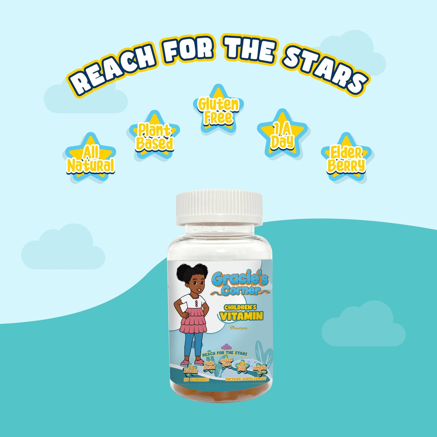 Gracie’s Corner Stars Kids Multivitamin Gummies with Omega-3 – Gluten-Free, Plant-Based Toddler Vitamins (60 Count)