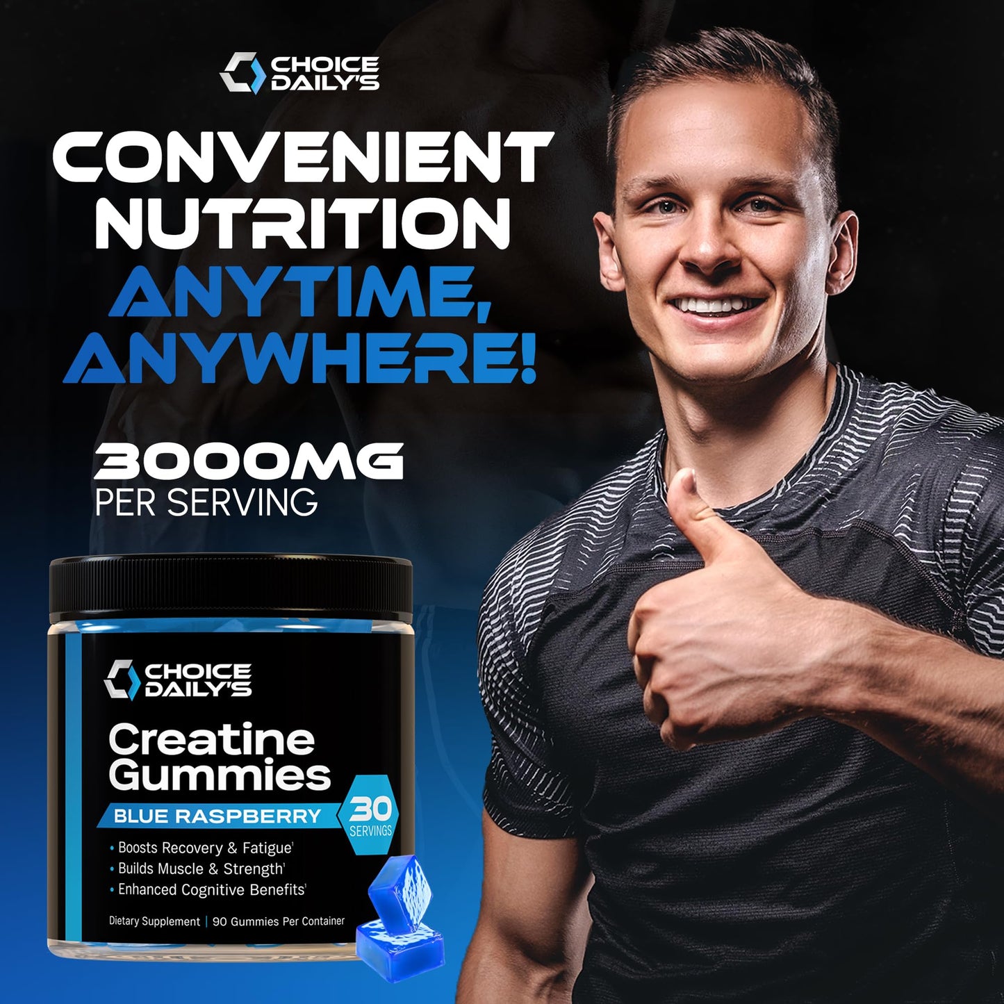 CHOICE DAILY’S Creatine Gummies - 90 Vegan Friendly Chews (Blue Raspberry) - USA Made - Muscle, Recovery & Cognitive Support
