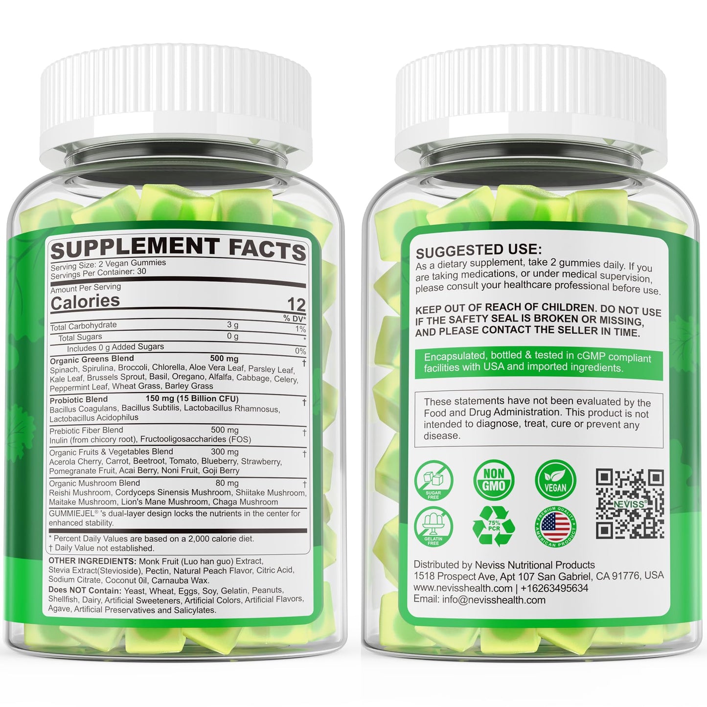 Organic Super Greens Gummies + Probiotics – Spirulina, Chlorella, Spinach, Mushrooms, Sugar Free Vegan 60ct