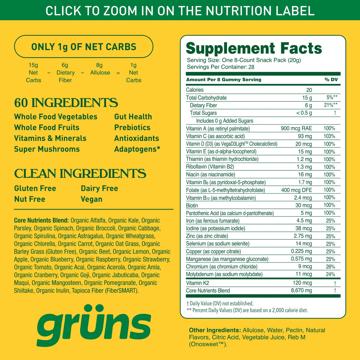 Grüns Adult Sugar-Free Super Greens Gummies – Multivitamin with 60+ Ingredients, 28 Daily Packets BritishVita | Premium UK Vitamins & Wellness Supplements