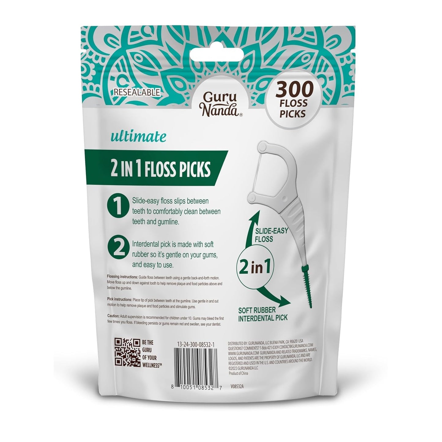 GuruNanda 2-in-1 Dental Floss Picks – 300 Count, Mint Flavor, Non-Slip Grip