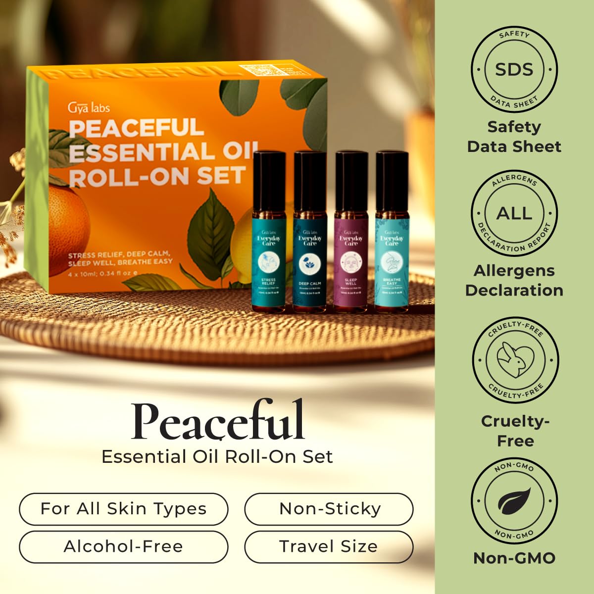 Gya Labs Peaceful Roll-On Set – Calming Essential Oils, 0.34 Fl Oz Each