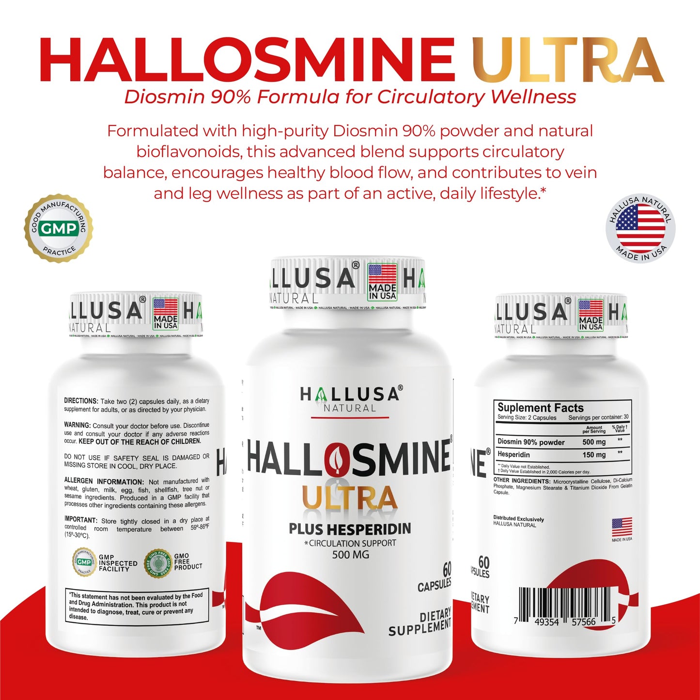 Hallusa Natural Hallosmine Ultra Diosmin 500mg & Hesperidin 150mg – Heavy Legs & Vein Support, 60 Caps
