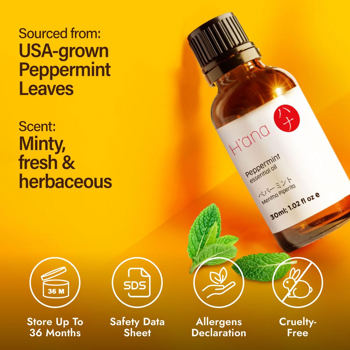 H'ana Peppermint Essential Oil 1.02 fl oz – Hair, Skin, Diffuser & Aromatherapy