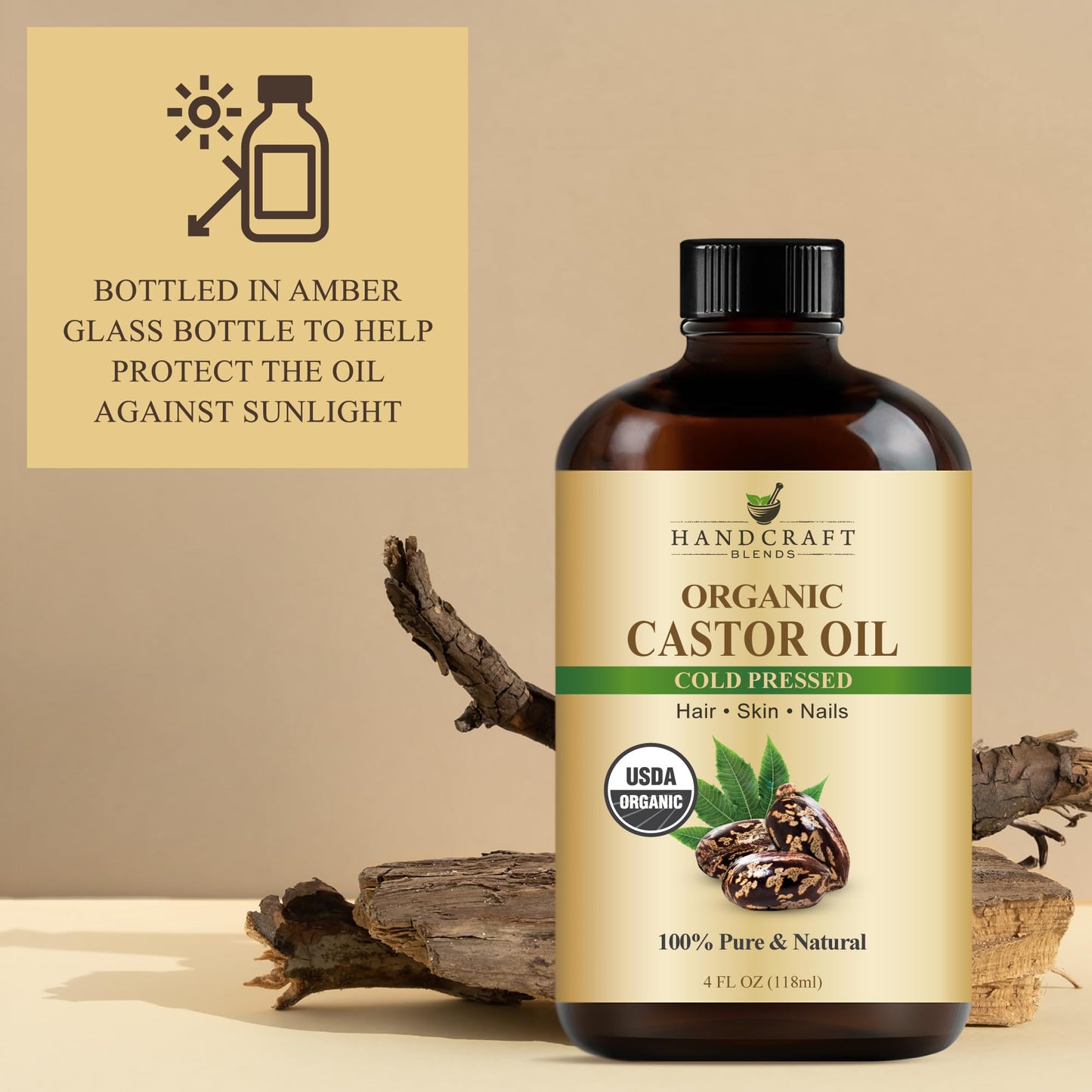 Handcraft Blends Cold-Pressed Organic Castor Oil 4 Oz - Pure & Natural