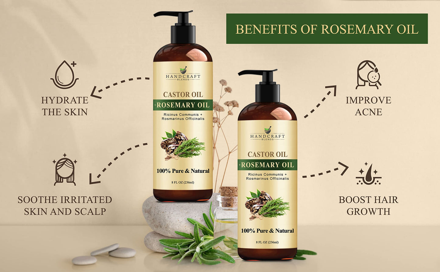 Castor Oil with Rosemary – Handcraft Blends, 8 oz | 100% Pure & Natural Carrier Oil for Hair, Eyelashes & Brows