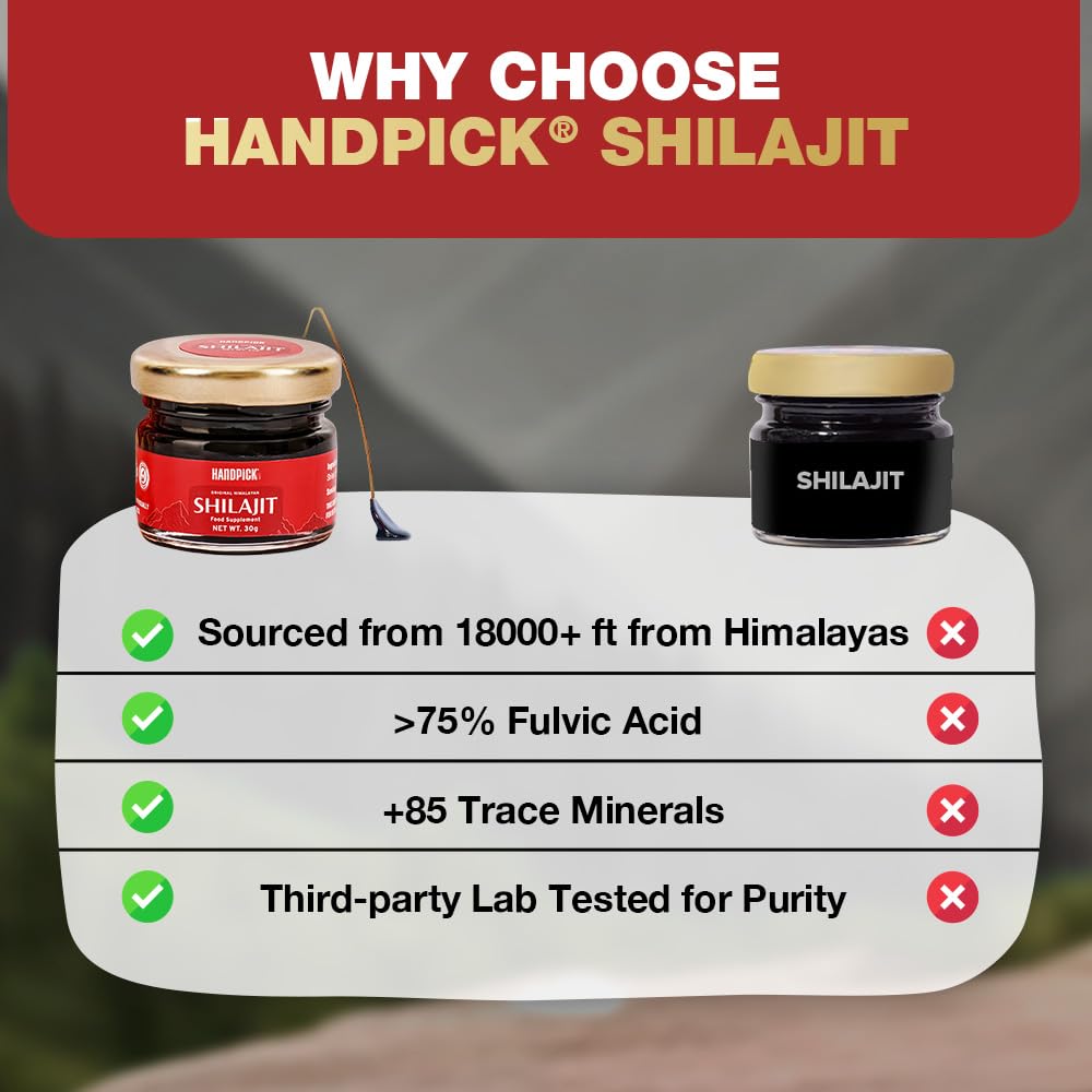 HANDPICK Himalayan Shilajit Resin | 75% Fulvic Acid, 85+ Trace Minerals | 100% Natural Supplement, 30 Grams | Non GMO, Gluten Free, Sugar Free | High Dosage of Energy of Men & Women | 400mg