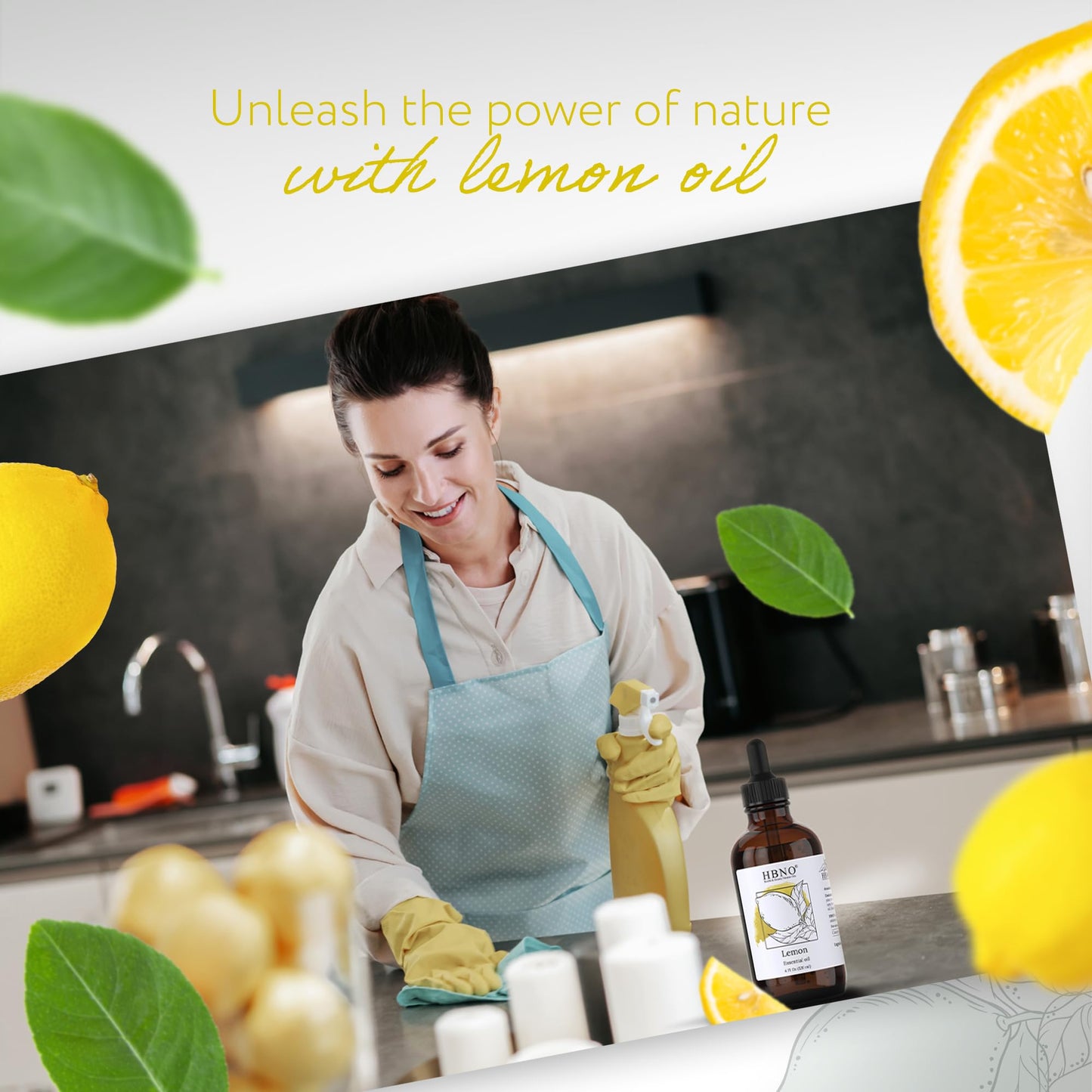 HBNO California Bottled Lemon Essential Oil 4 oz (120 ml) - Premium Grade, Cold-Pressed, Ideal for Cleaning