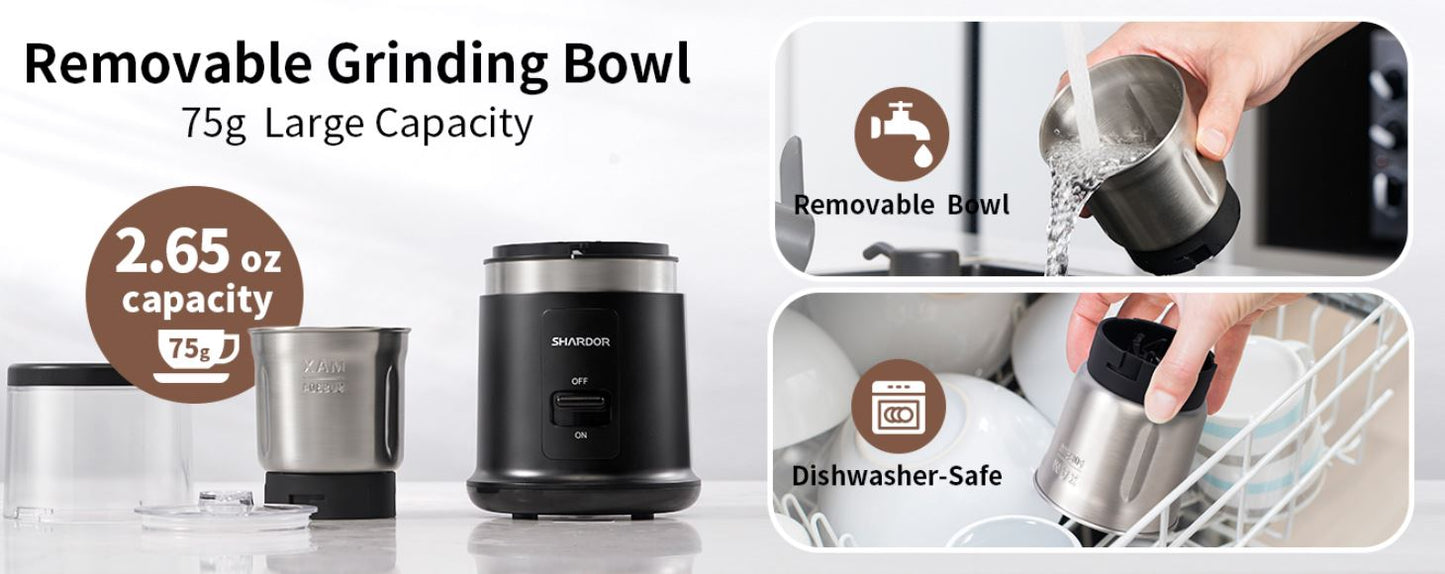 Electric Coffee Grinder 75g with Removable Stainless Steel One Bowl SHARDOR