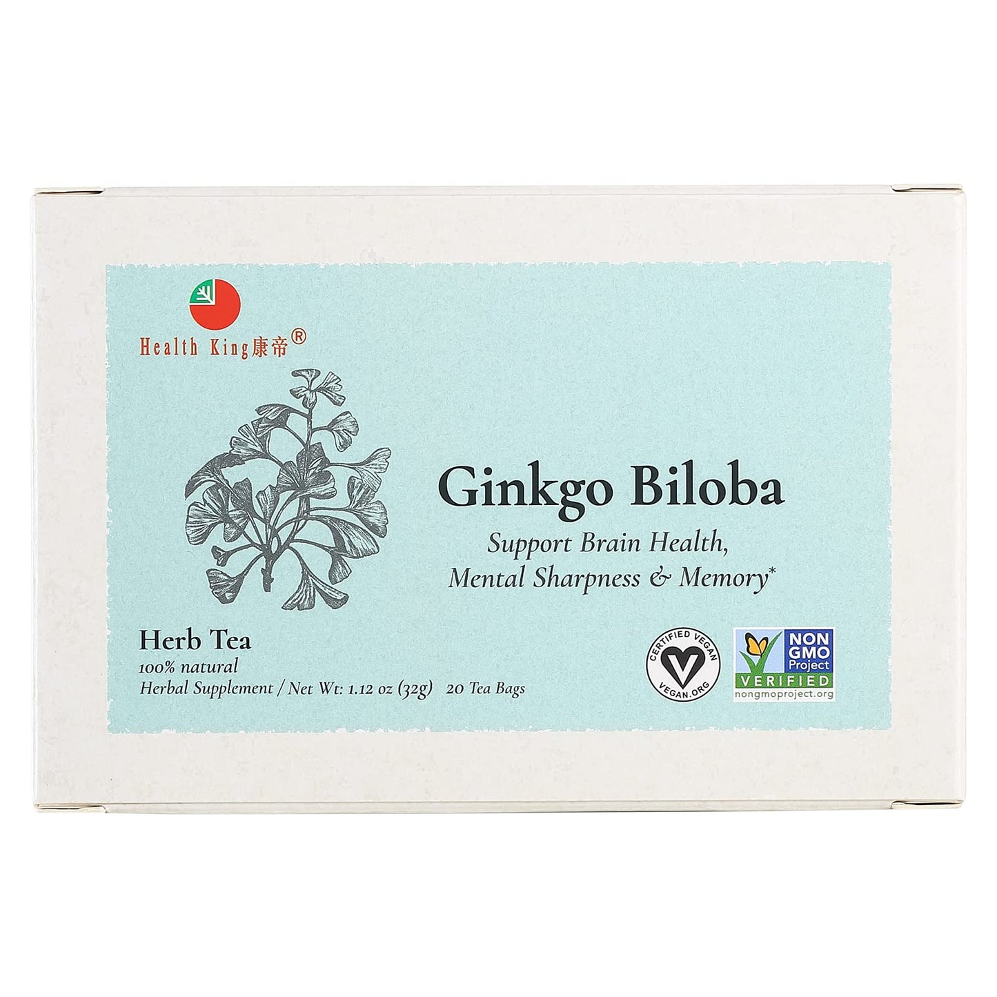 Health King Ginkgo Biloba Tea – Herbal Teabags, 20 Count Box