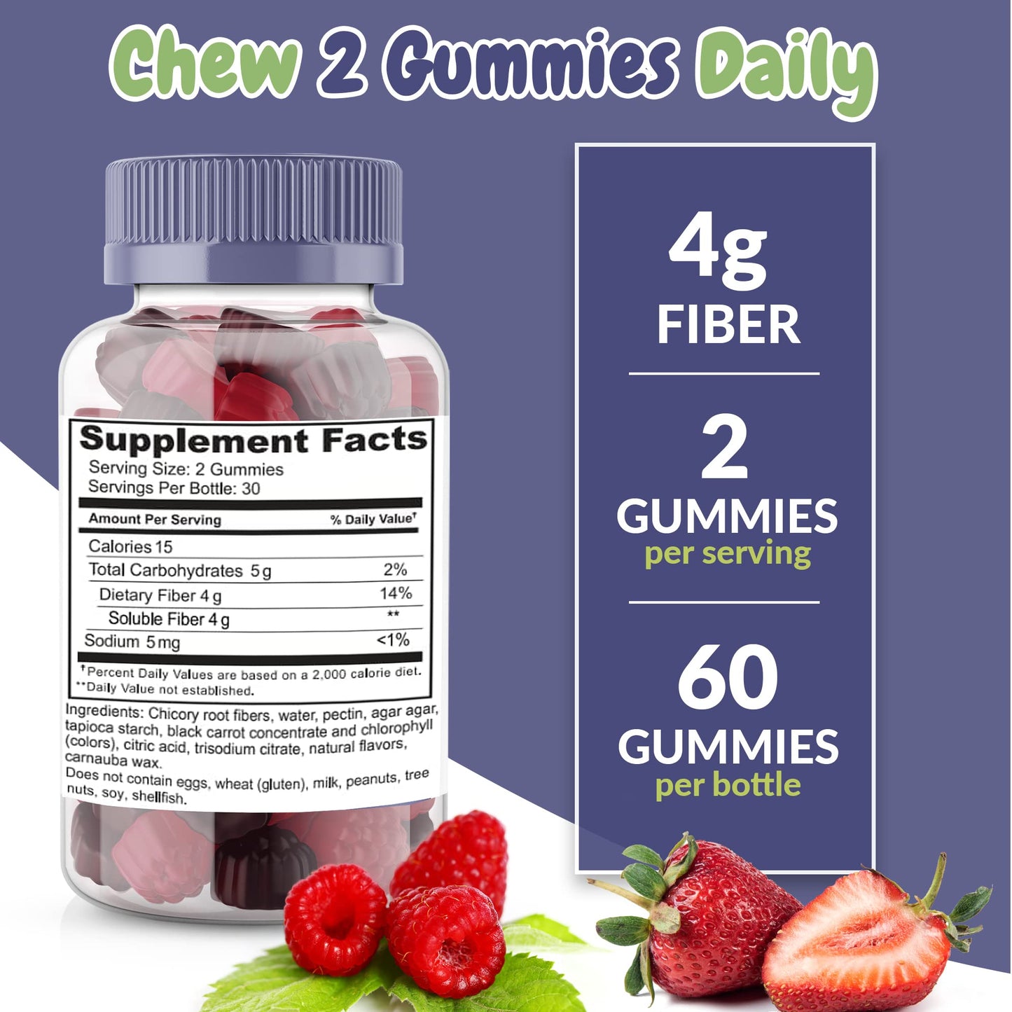 Health Supplied Mixed Berry Prebiotic Fiber Gummies – Digestive Support, Constipation Relief, Easy to Swallow