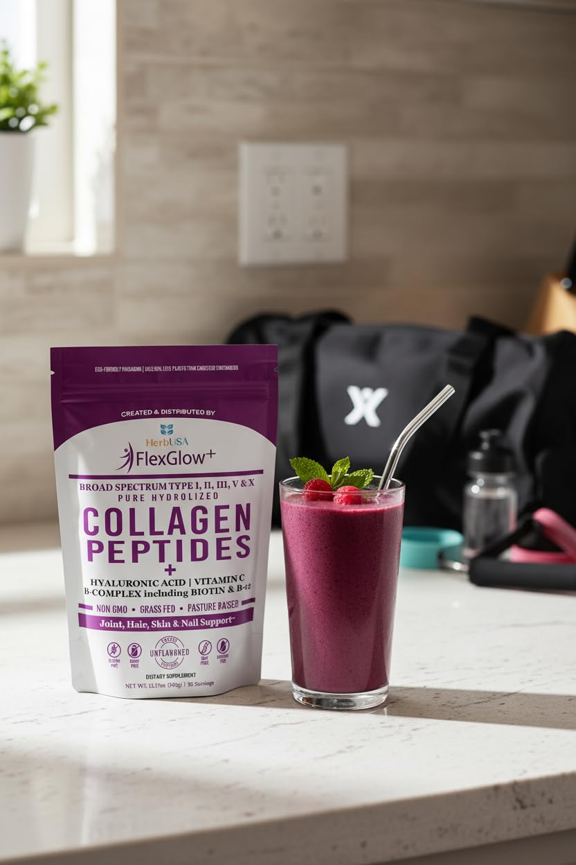 HerbUSA FlexGlow+ Collagen Peptides – 6,900mg per Serving with I, II, III, V, X | Hyaluronic Acid, Biotin & Vitamin C