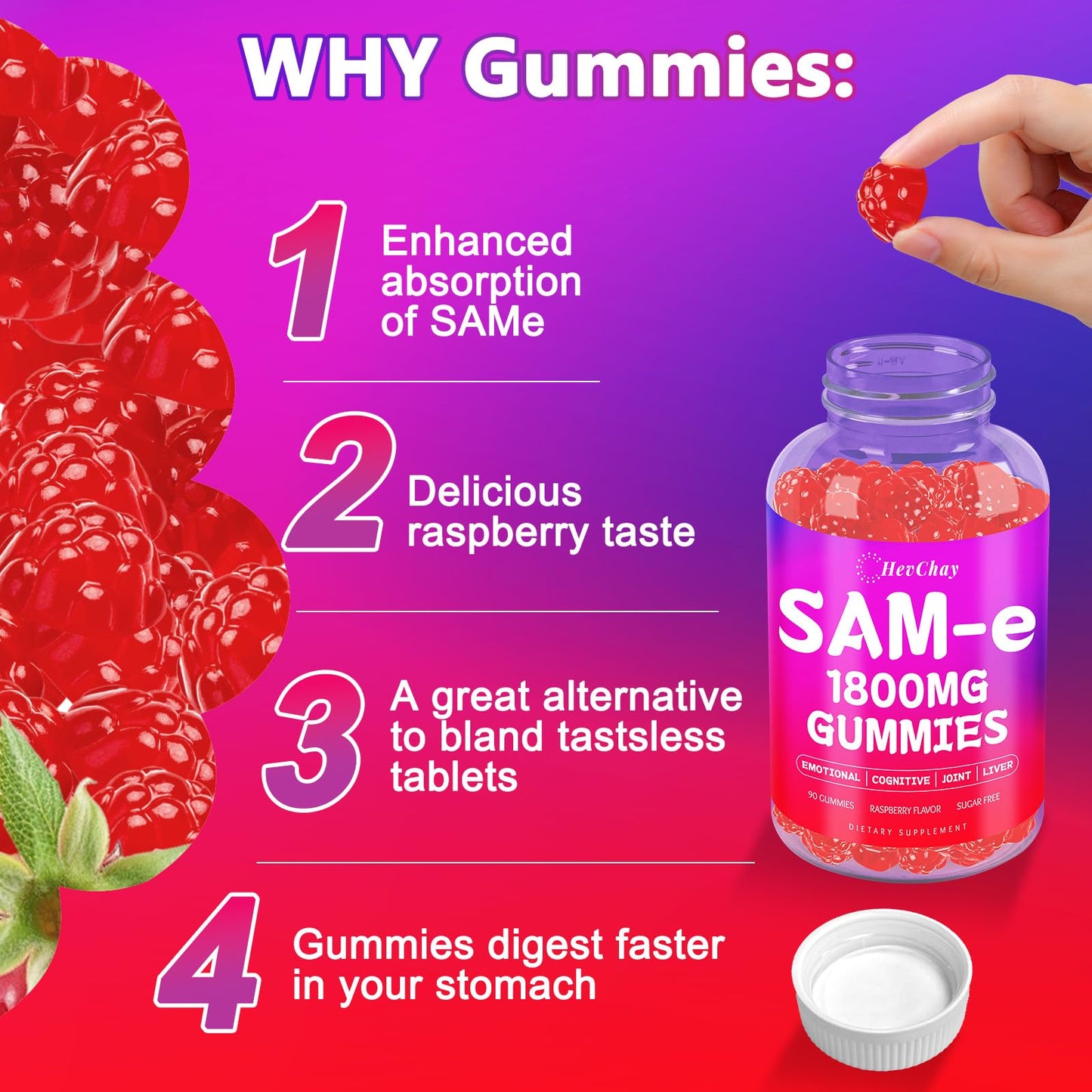 HevChay SAM-e Gummies - 1800 mg High-Absorption SAM-e for Brain, Mood, Joints & Liver - Vegan