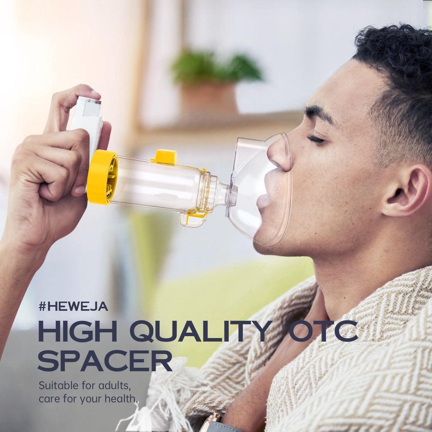 HEWEJA NESSI OTC Spacer — Handheld Inhaler Spacer for All Ages | Anti-Static, Portable, Easy-Clean with Soft Silicone Mask (Yellow - Adult)
