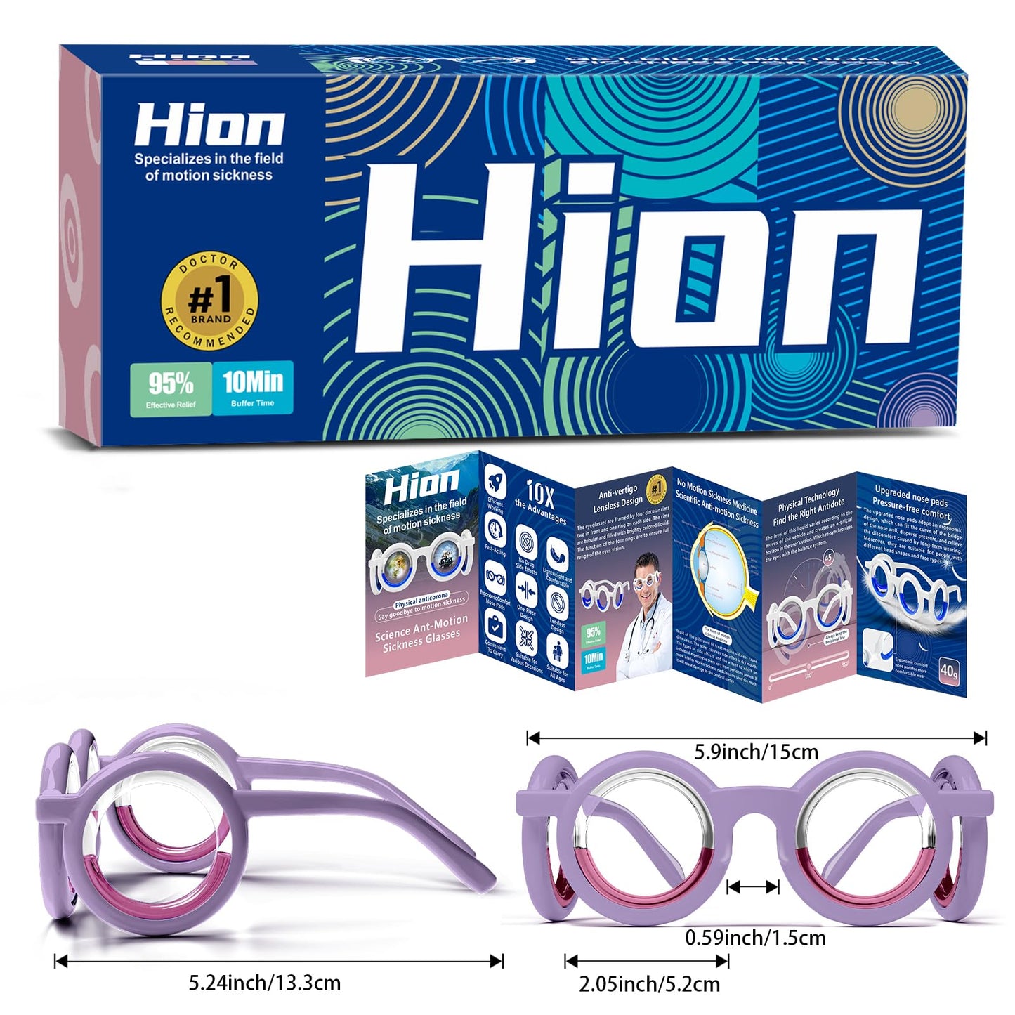 Hion Motion Sickness Glasses — 2 Pairs, Liquid Circle, Travel-Ready Relief for Cars, Boats & Planes