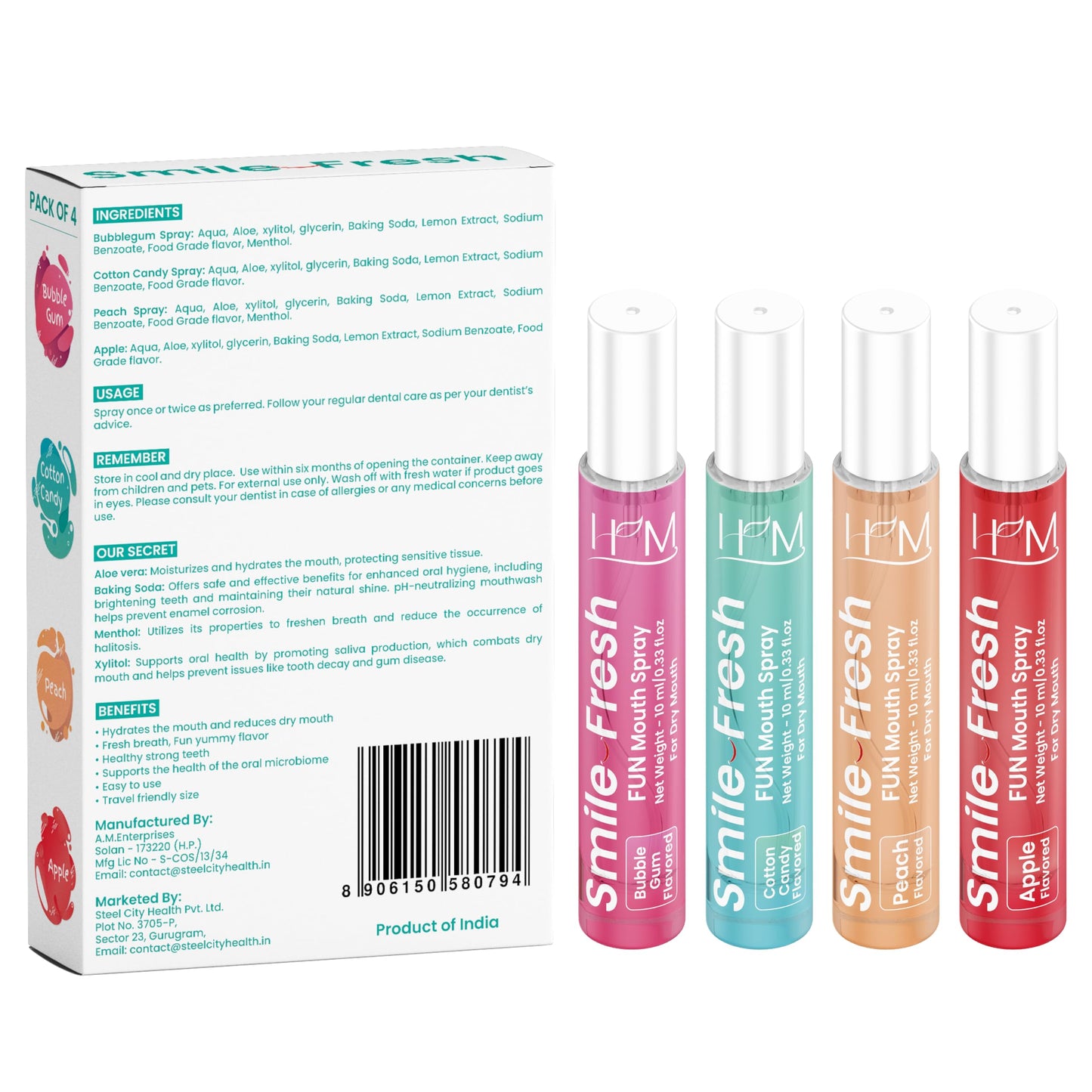 HM Dry Mouth Fun 4 Flavoured Spray – Alcohol-Free, Instant Hydration, 4 Flavors