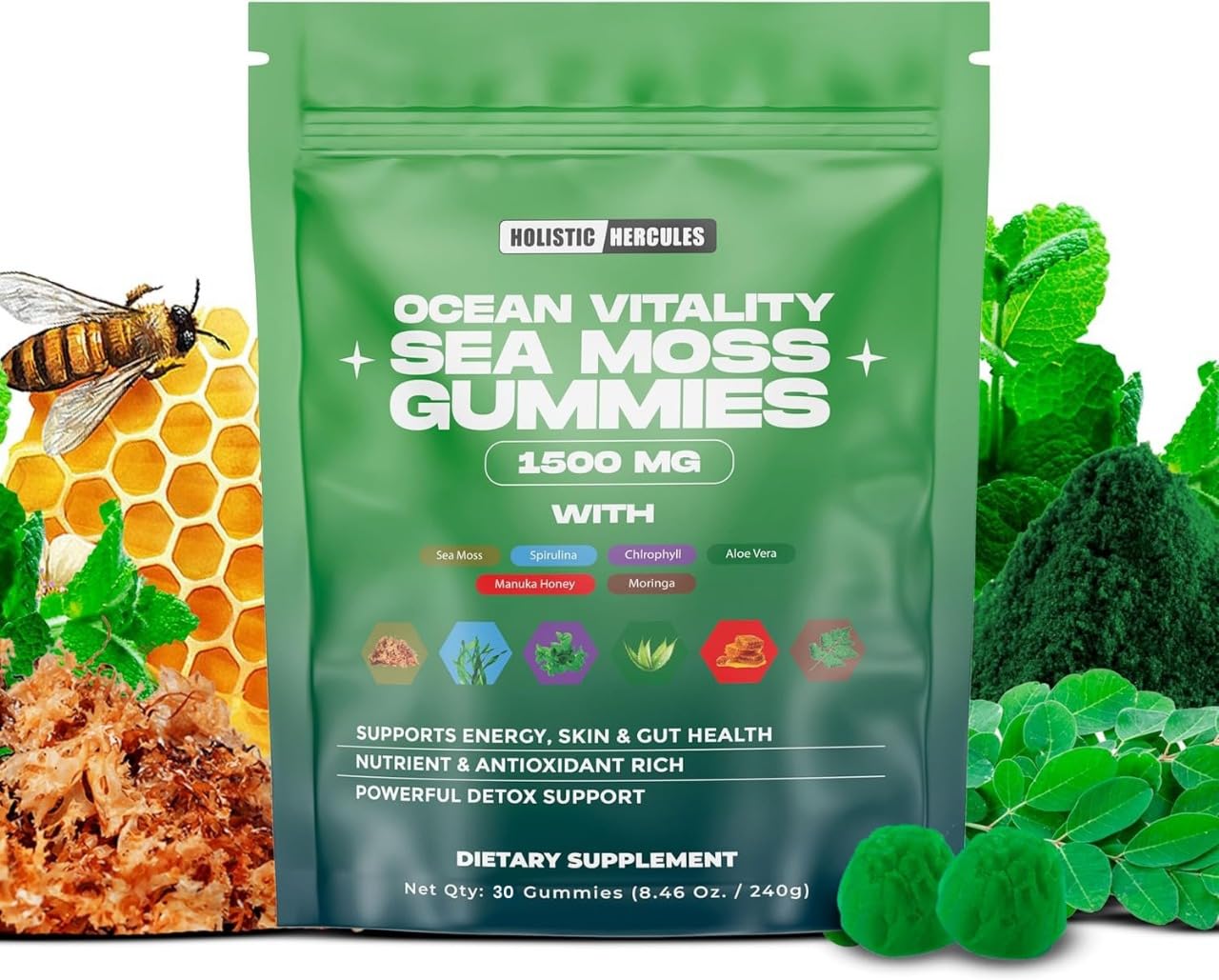 Holistic Hercules Sea Moss Gummies – Organic Irish Sea Moss, Non-GMO, 30 Count