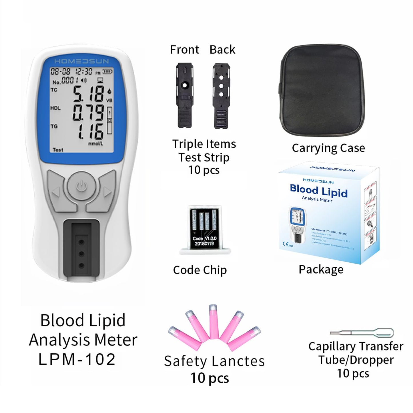 HOMEDSUN HSLPM-102 Portable Cholesterol Testing Kit – 4-in-1 Lipid Analyzer (TC/HDL/LDL/Triglycerides)