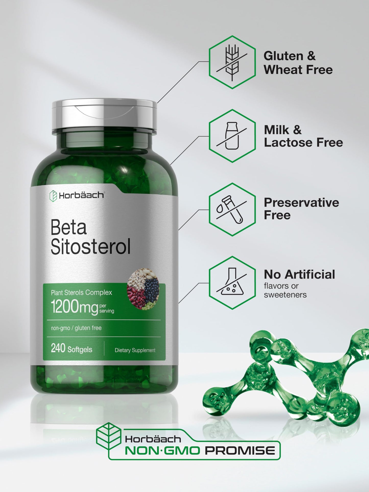 Horbäach Beta Sitosterol 1200mg – 240 Softgel Capsules | Plant Sterols Complex