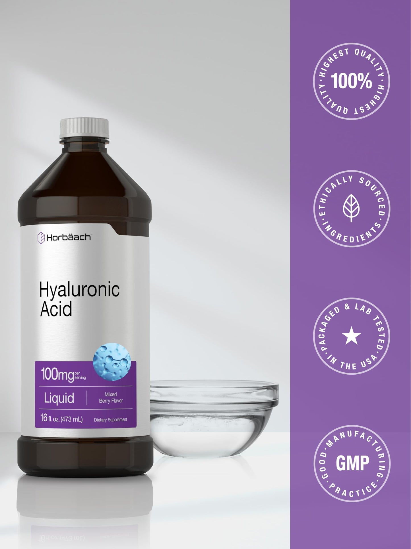 Horbäach Liquid Hyaluronic Acid Supplement – 100 mg, 16 oz, Mixed Berry, Non-GMO & Gluten Free