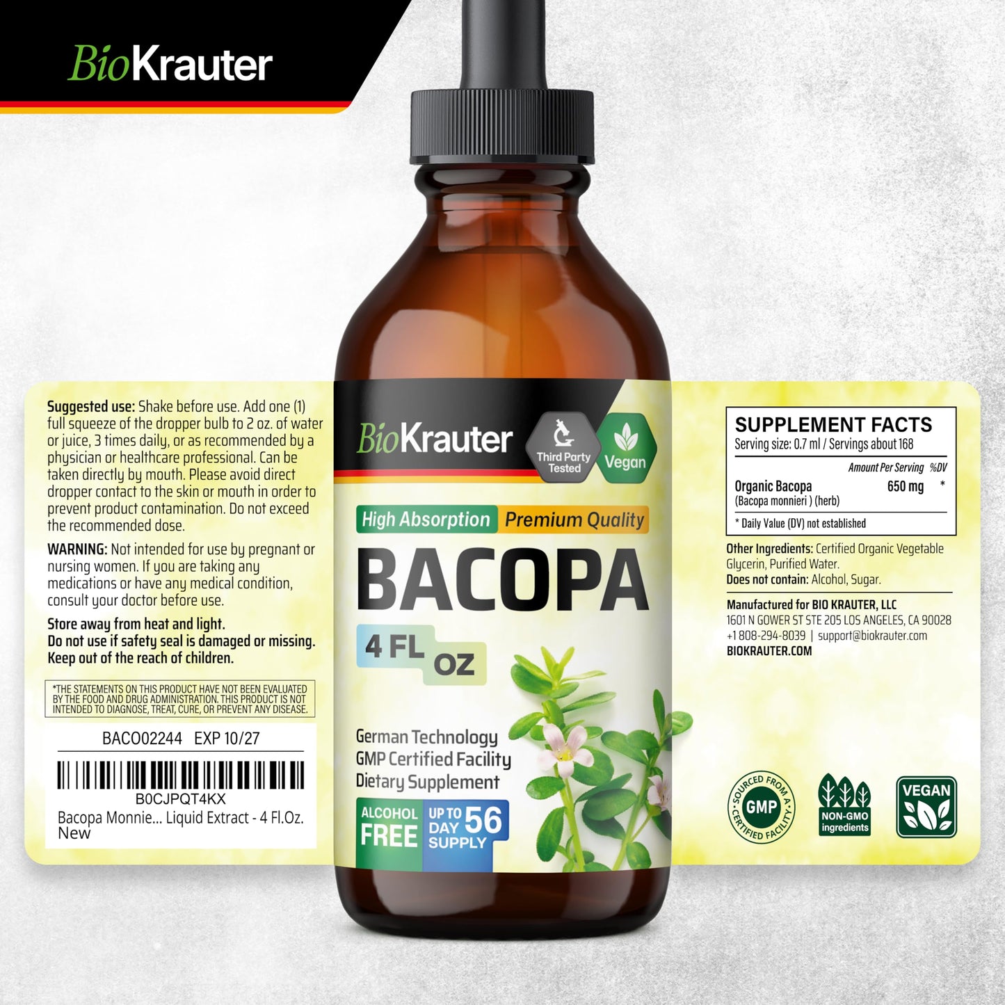 BIO KRAUTER Bacopa Monnieri Liquid – Brain Support Drops (Alcohol & Sugar Free) 4 Fl Oz