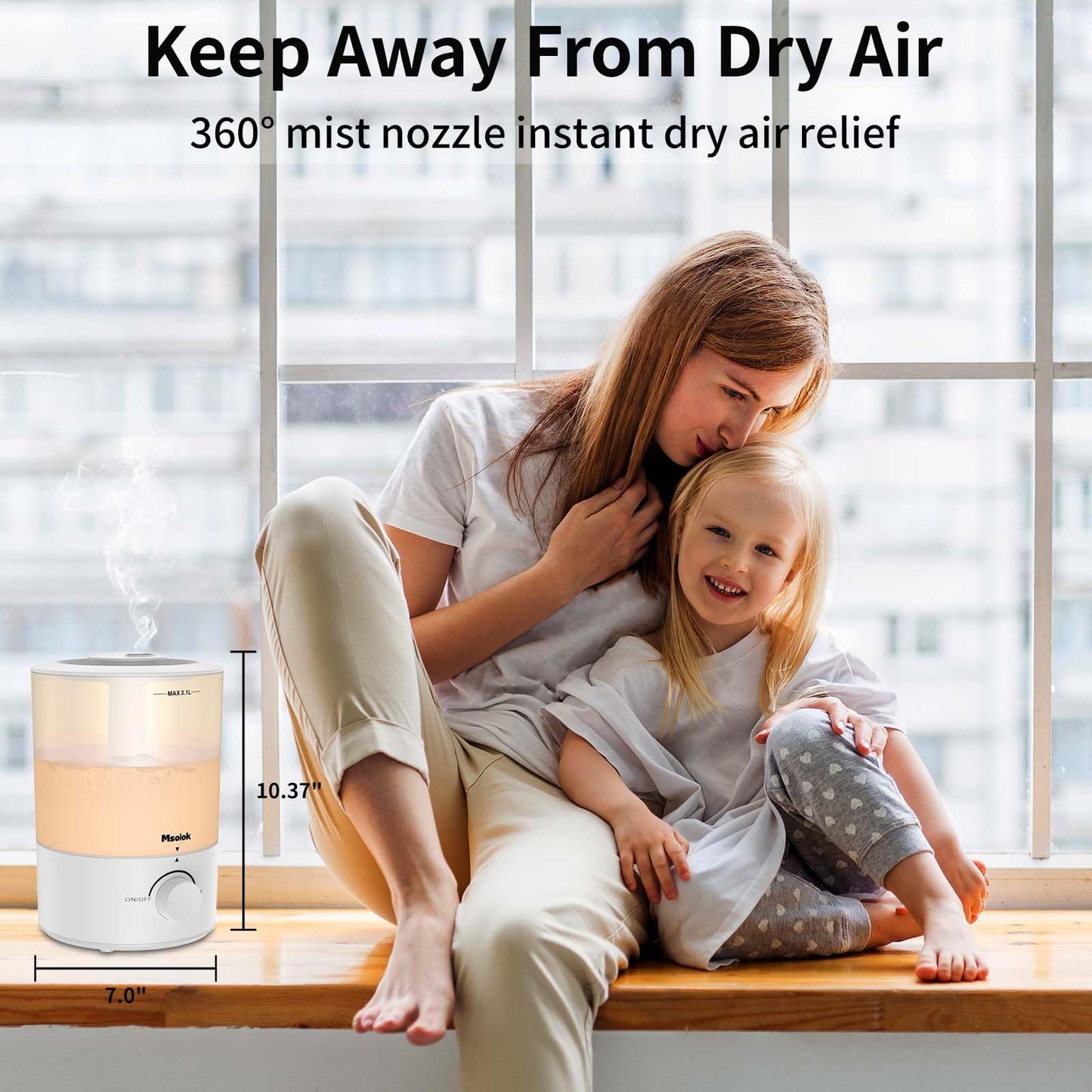 Humidifiers for Bedroom - 3.1L Top Fill Cool Mist, 360-degree Nozzle, 25W Ultrasonic