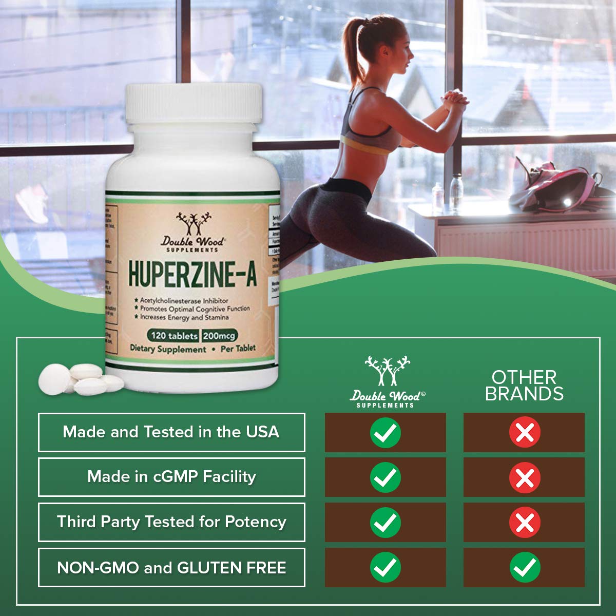 Huperzine A 200mcg (Third-Party Tested) – 120 Tablets | Supports Memory & Focus | Double Wood
