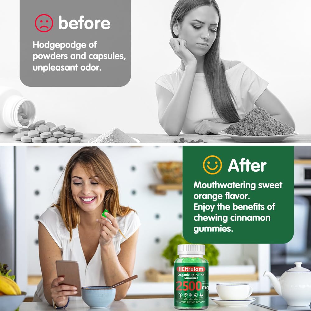 IIEltruiom Spirulina Gummies - Organic 2500mg Spirulina | Vegan, Non-GMO, Gluten Free, 120 Gummies