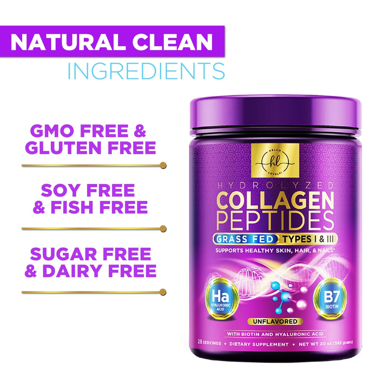 Collagen Peptides Powder 20g Unflavored – Grass-Fed Type I & III, Hyaluronic Acid & Biotin | 28 Servings