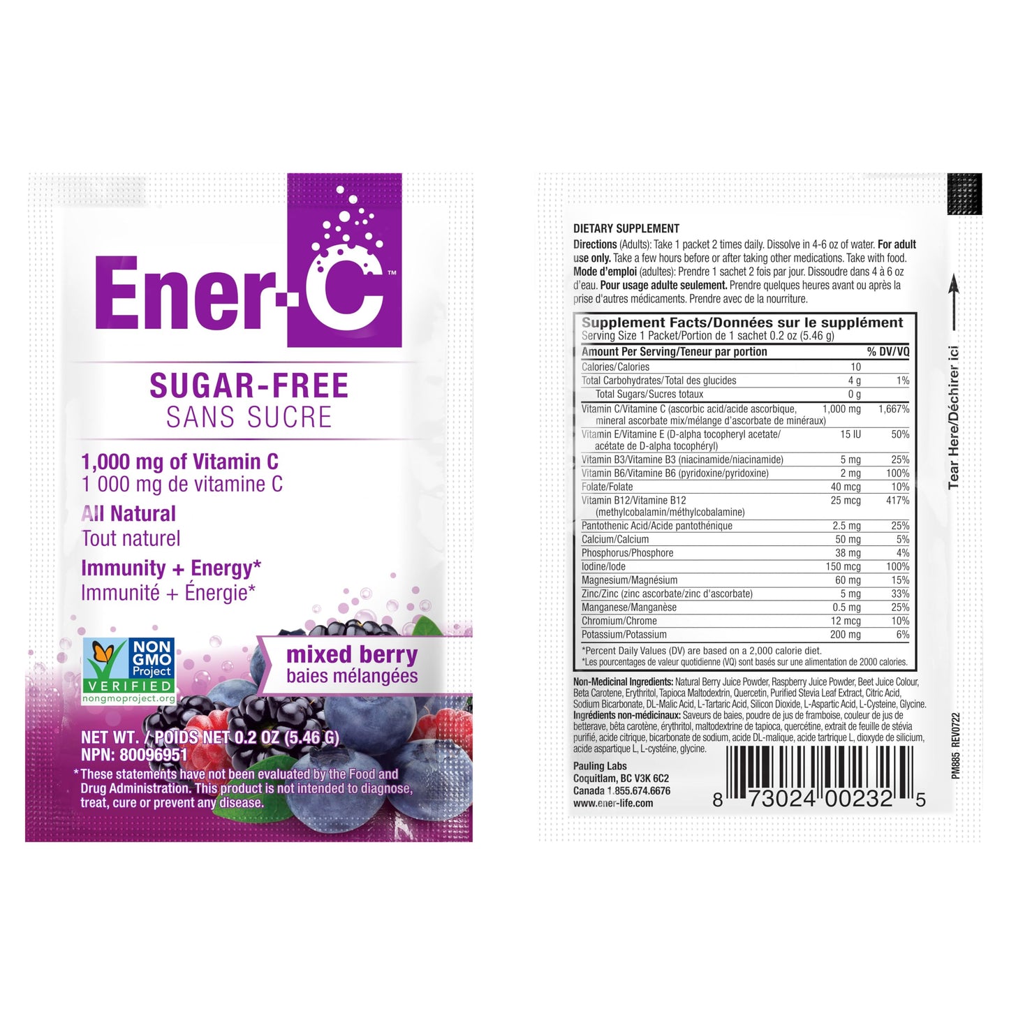Ener-C Sugar Free Energy Mixed Berry Multivitamin Drink Mix Vitamin C 1000mg & Electrolytes - Natural Immunity Support with Real Fruit Juice Powders Non-GMO Vegan & Gluten Free - 30 Count