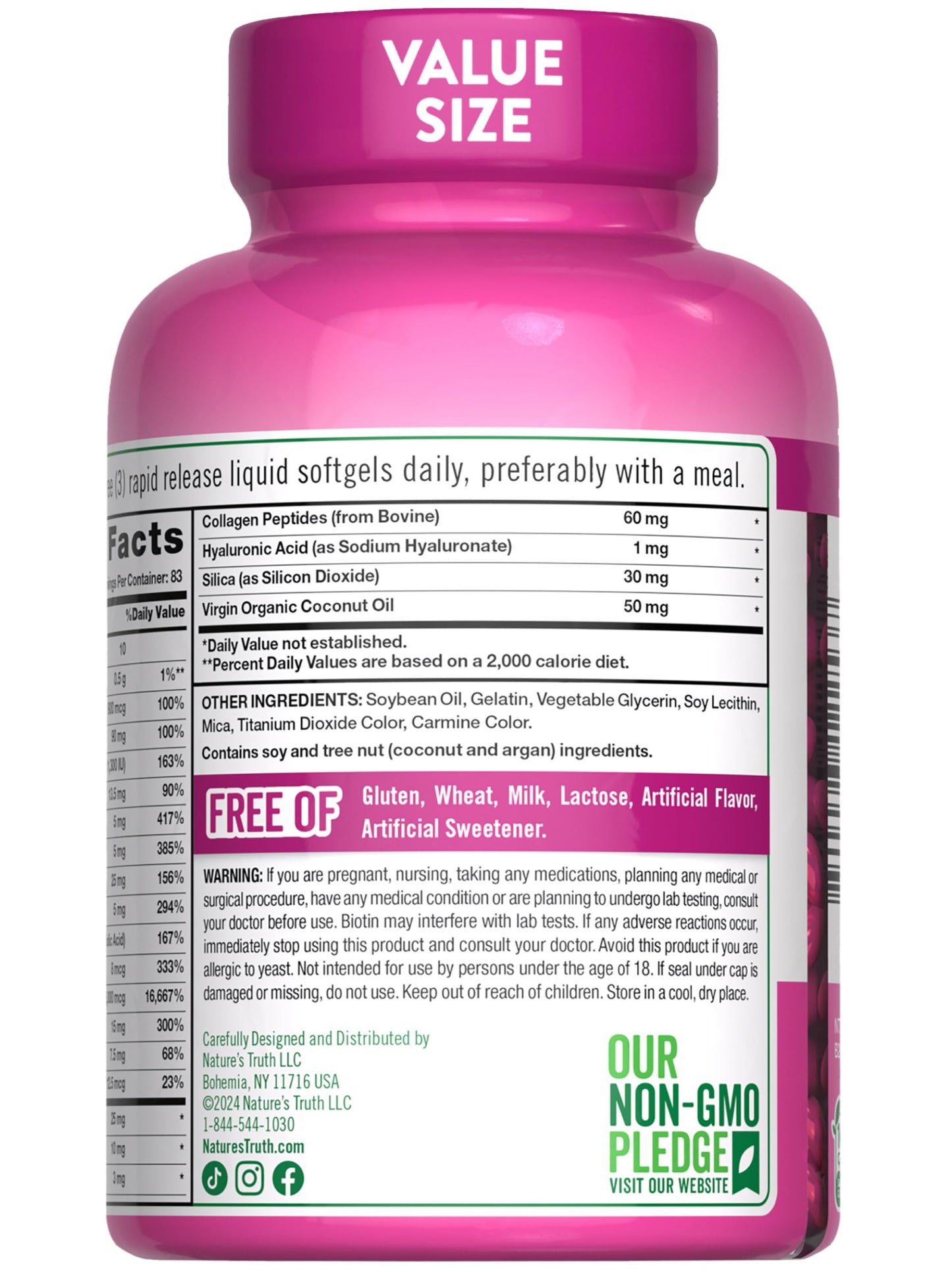 Nature's Truth Hair, Skin & Nails Vitamins | 5000mcg | 250 Softgels | Includes Collagen, Biotin and Coconut Oil | Non-GMO & Gluten Free Supplement for Women and Men